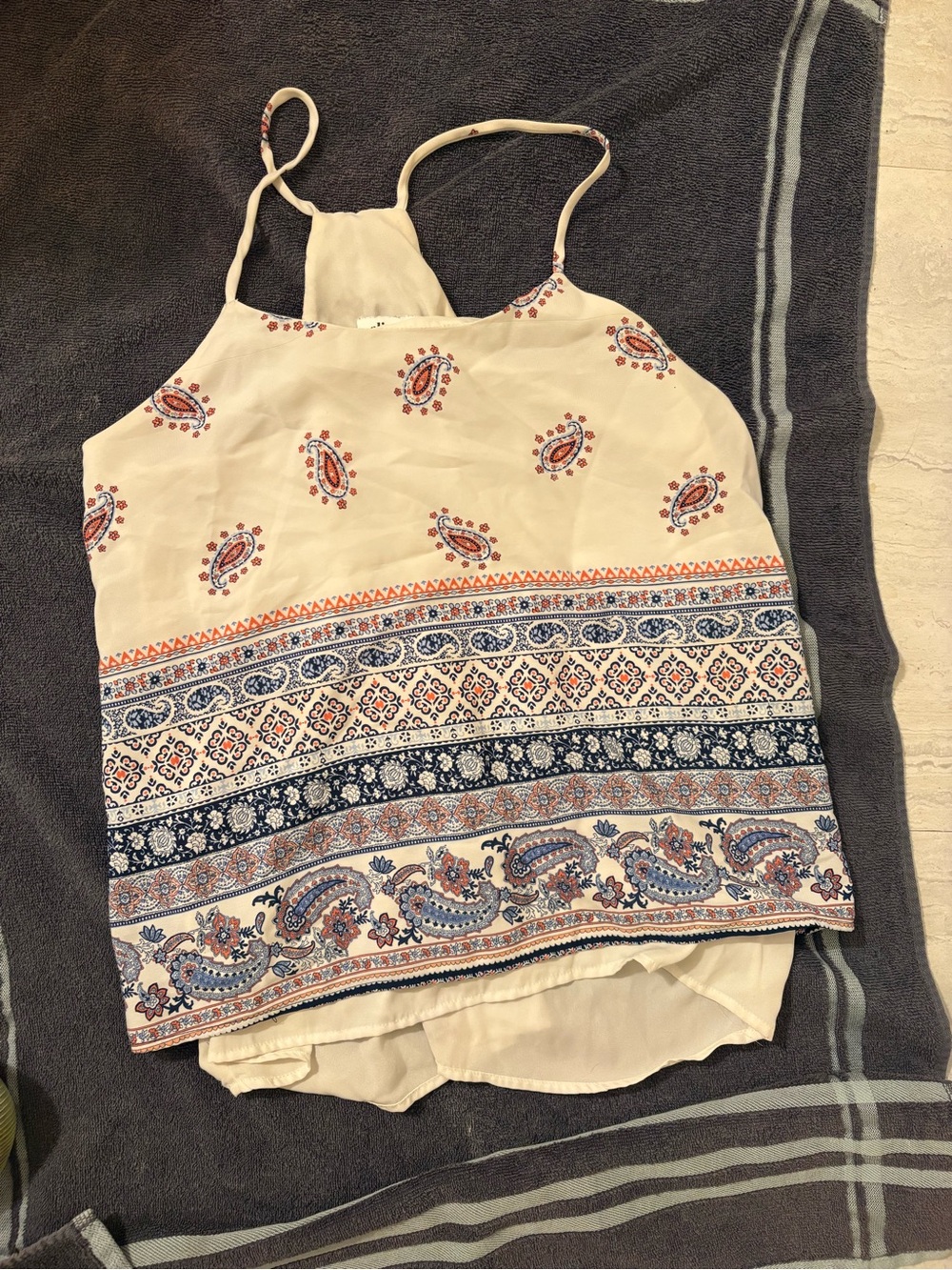 Alice Blue Cream Paisley Racerback Tank with Blue & Rust Trim